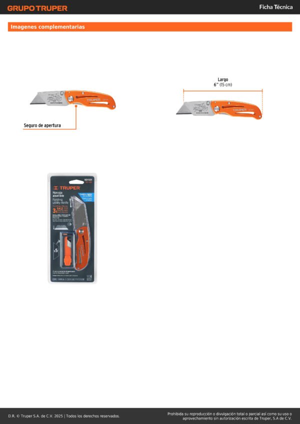 Navaja Plegable, Cuerpo Metalico, 6', Truper 101101 Color Naranja