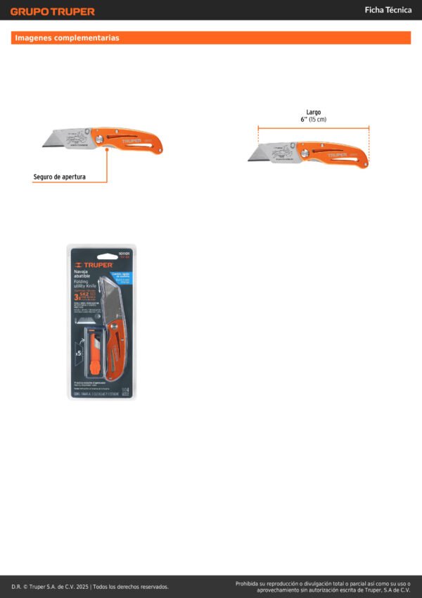 Navaja Plegable, Cuerpo Metalico, 6', Truper 101101 Color Naranja