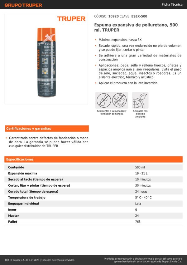 Espuma Multiusos  Expansiva Poliuretano 500ml Truper 10920