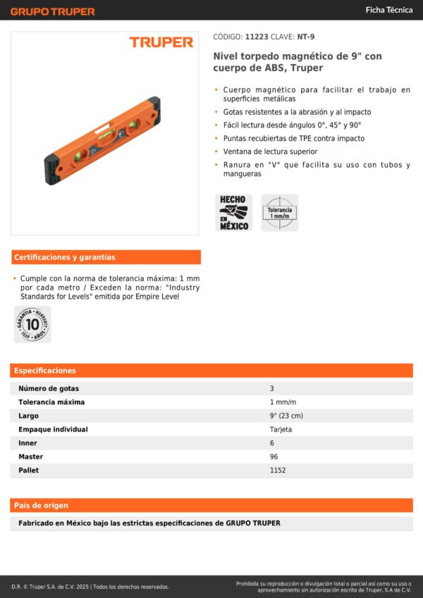 11223_001 Nivel Magnético 9'' Plástico Abs Truper 11223