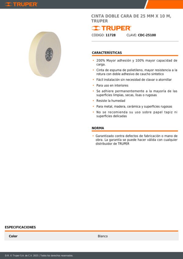 Cinta Doble Faz Montaje Resistente Espejos 25mm X 10mtrs