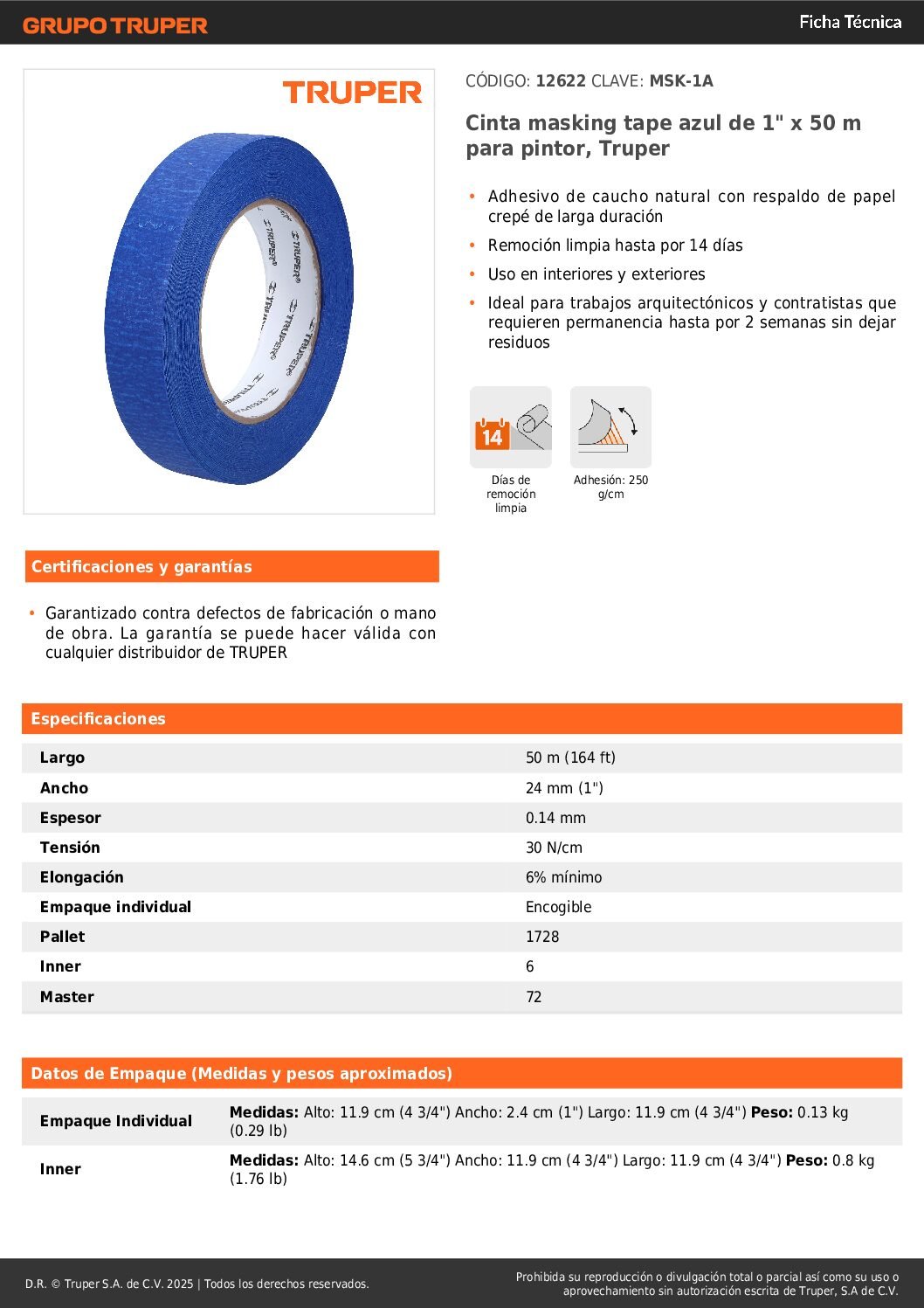 Masking Tape 1'' 50 Mts Azul Pintar Enmascarill Truper 12622