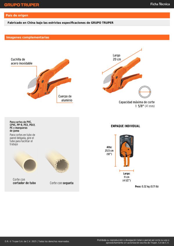 Cortatubo Pvc Capacidad 1-58 Truper 12860