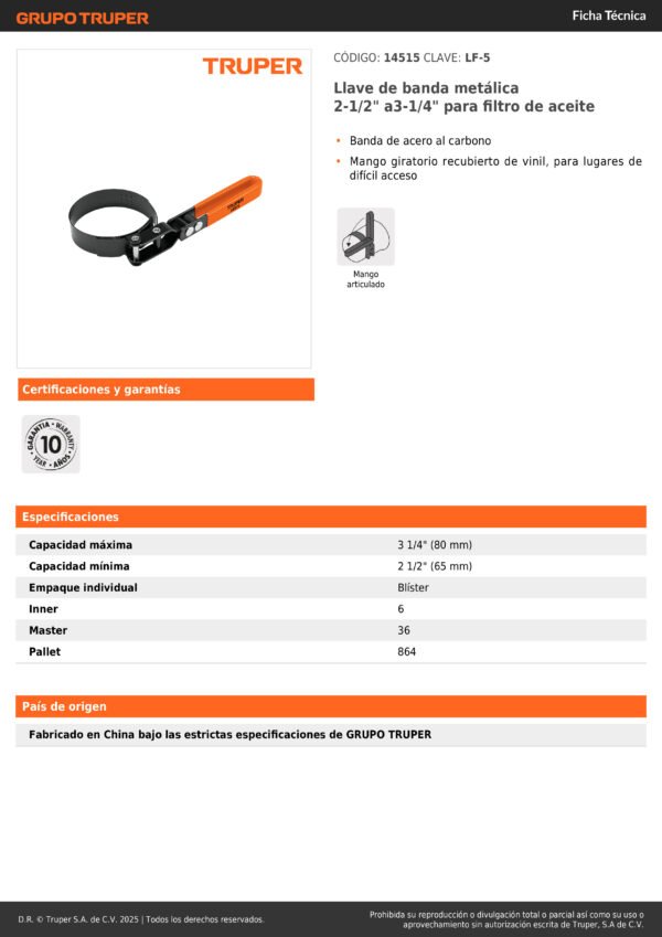 Llave De Banda Metálica Filtro De Aceite 3.14'' Truper