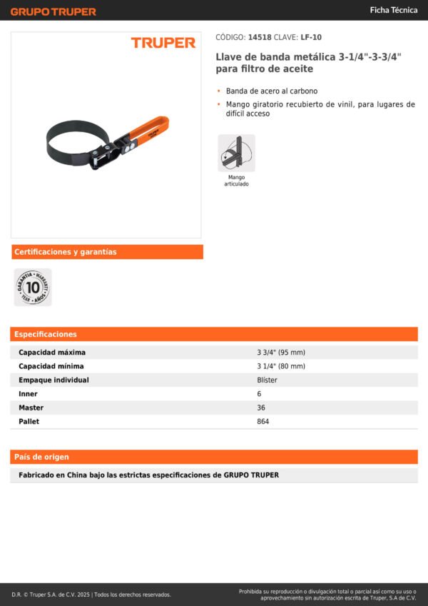 14518_001 Llave De Banda Metálica 3 34' Truper Color Naranja