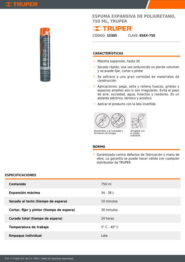 Espuma De Poliuretano Selladora Expansiva 750ml Aislante