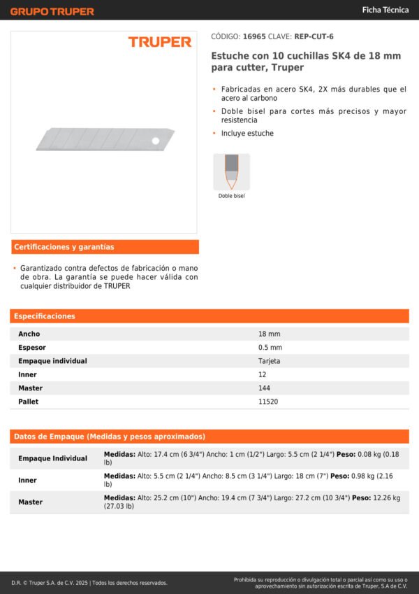 Hoja Repuesto Cutter Trincheta 18mm 10 Unidades Truper 16965