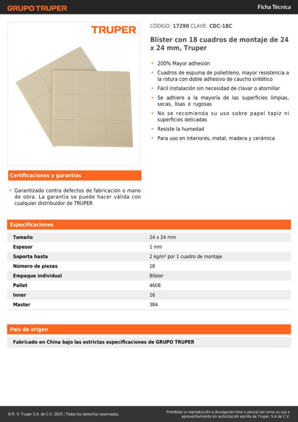 Cinta Doble Faz Cuadros 18 Piezas Montaje Truper