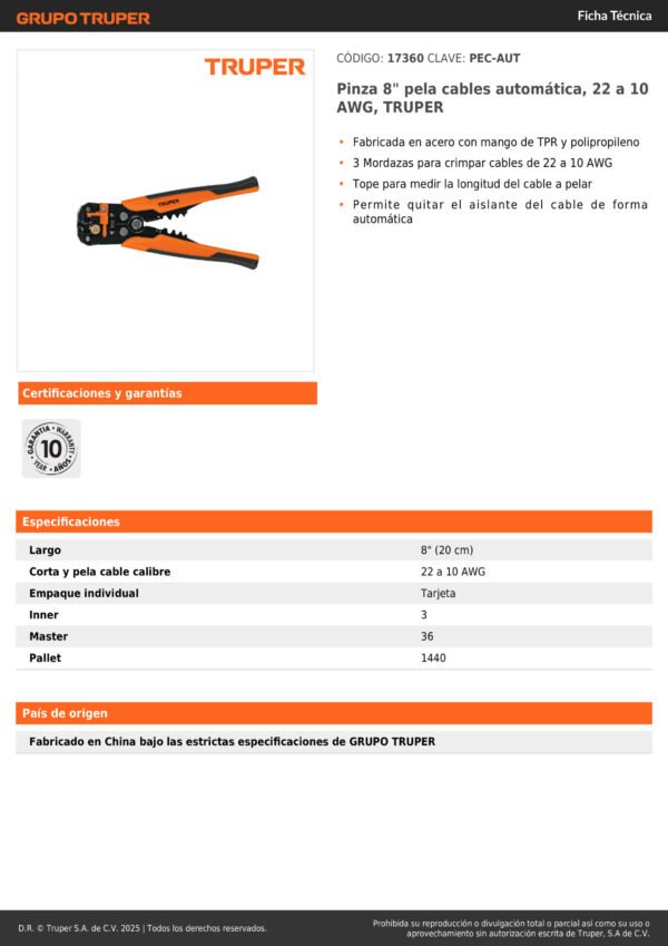 17360_001 Alicate Pelacable Automática De Precisión Truper 17360