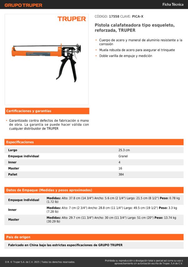 Pistola Calafateo De Silicona Tipo Esqueleto Truper 17558