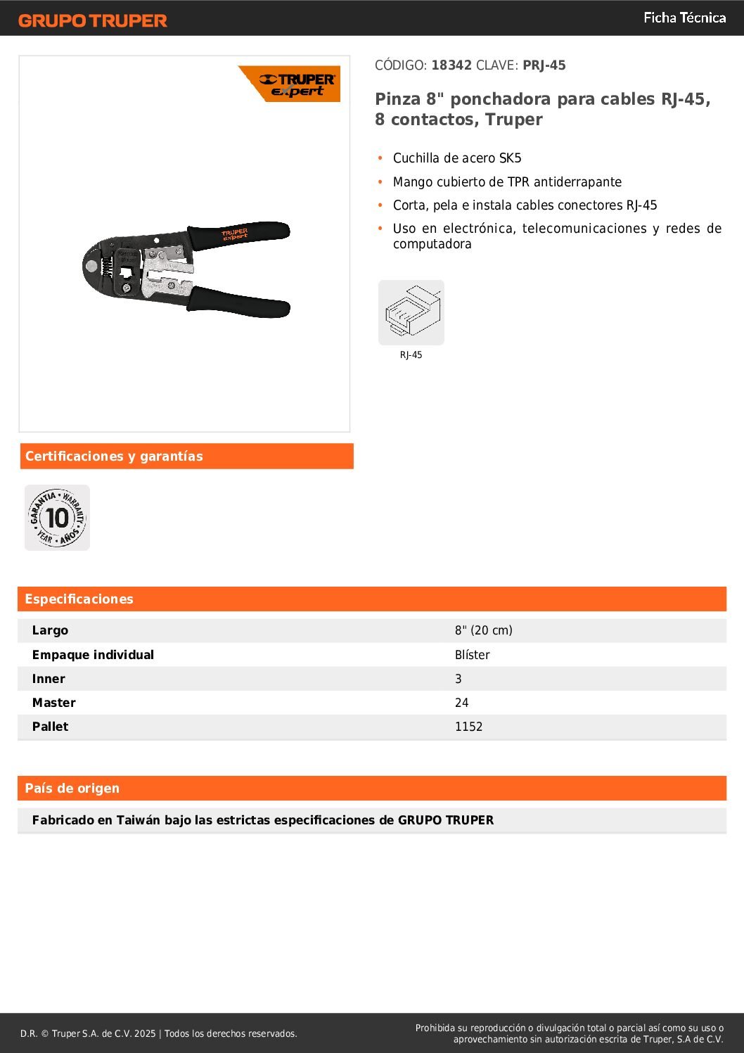 Pinza Ponchadora Módulos Intercambiables Rj-45 Truper 18342