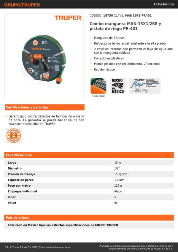 19750_001 Combo Manguera Reforzada 3 Capas Y Pistola Plástica De Riego Color Verde Oscuro