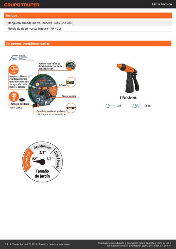 Combo Manguera Reforzada 3 Capas Y Pistola Plástica De Riego Color Verde Oscuro