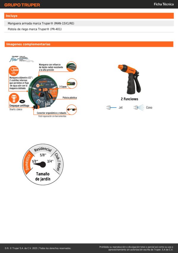 19750_002 Combo Manguera Reforzada 3 Capas Y Pistola Plástica De Riego Color Verde Oscuro