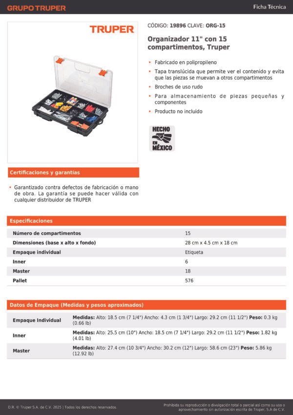 Organizador 11 Pulgadas 15 Compartimentos Truper 19896