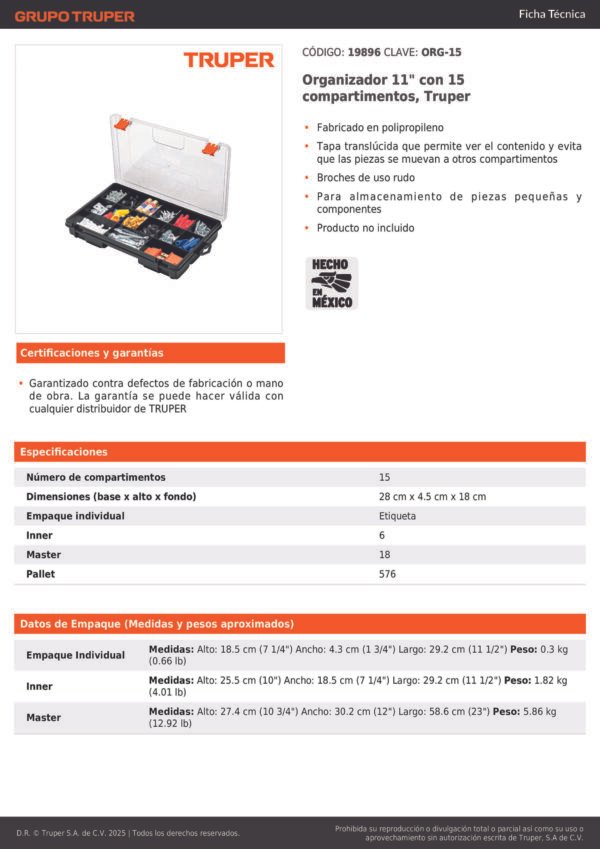 Organizador 11 Pulgadas 15 Compartimentos Truper 19896