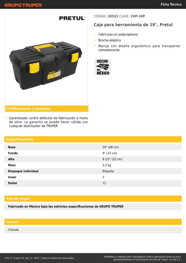 Caja De Herramientas Plástica 19 PuLG 48cm Pretul 20533 Color Negro