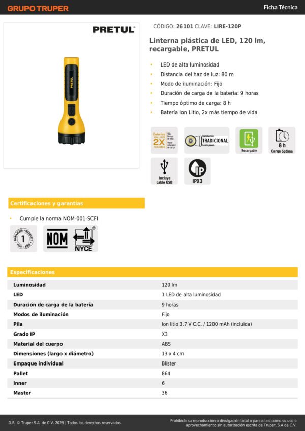 26101_001 Linterna Recargable Usb Led 120 Lúmenes Pretul Lire-120p