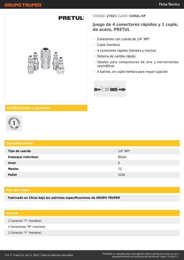Juego Acople Y Conectores Rápidos Acero Cromo 5 Pzas Pretul