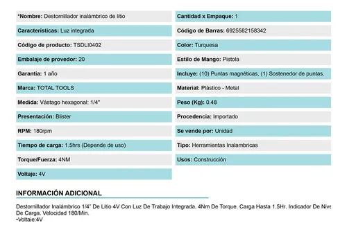Atornillador Inalámbrico 4v Eco Total Tsdli0402