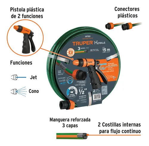 Combo Manguera Reforzada 3 Capas Y Pistola Plástica De Riego Color Verde Oscuro