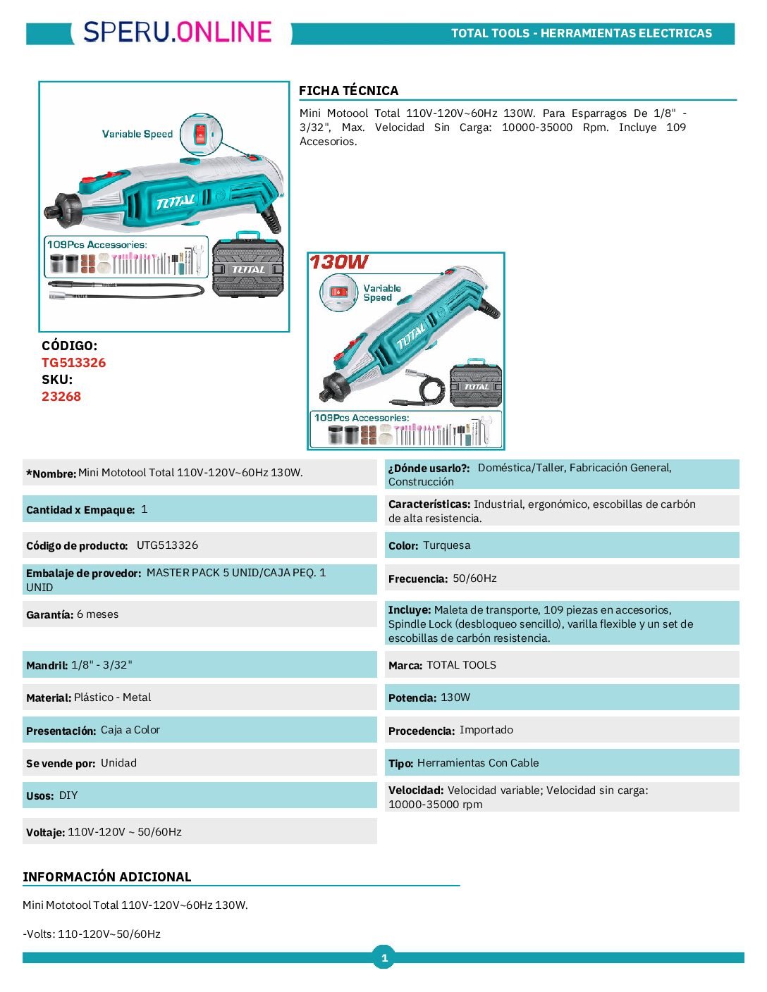 Herramienta Rotativa Mini Torno Multiuso109 Acc 130w Total