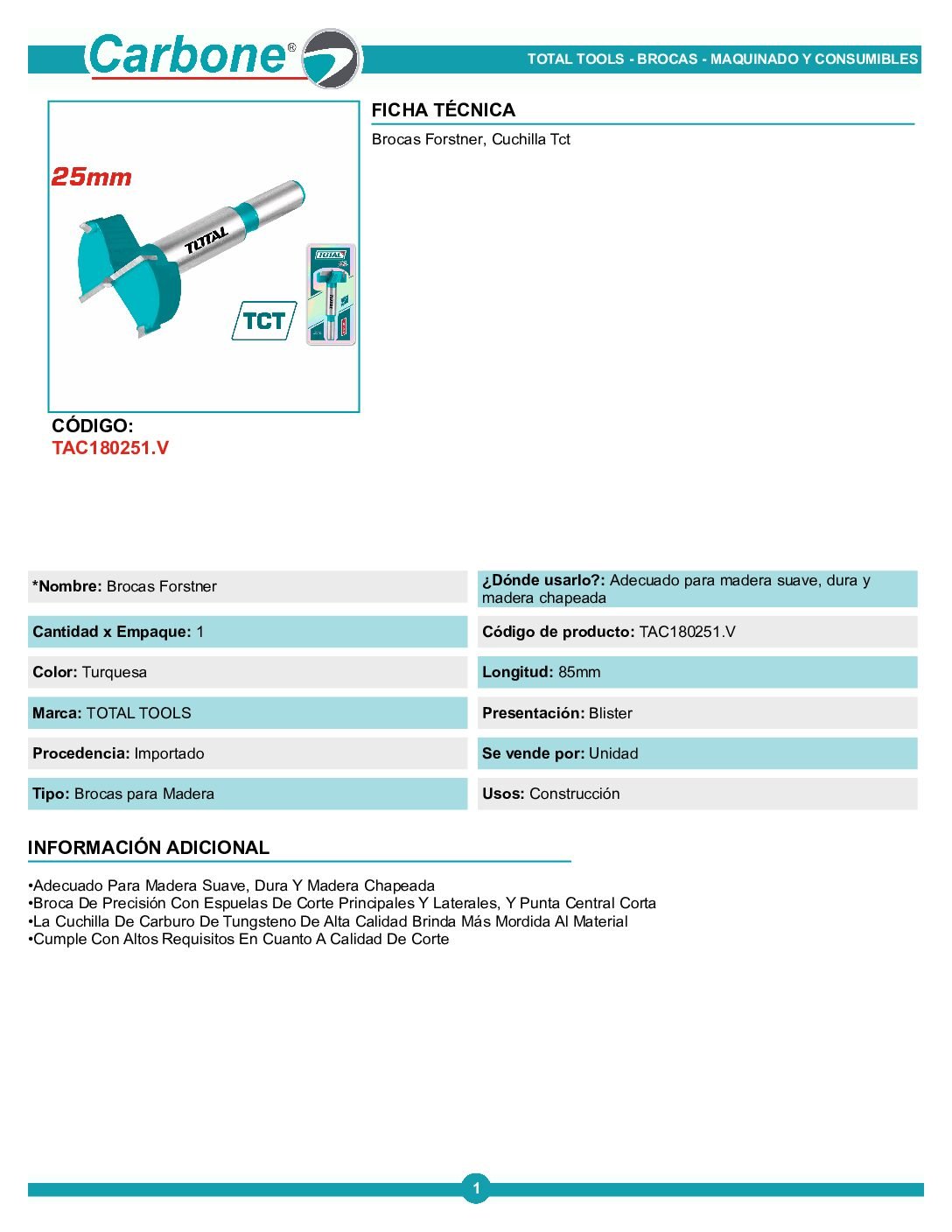 Broca Fortsner Para Madera 35mm Total Tac180351