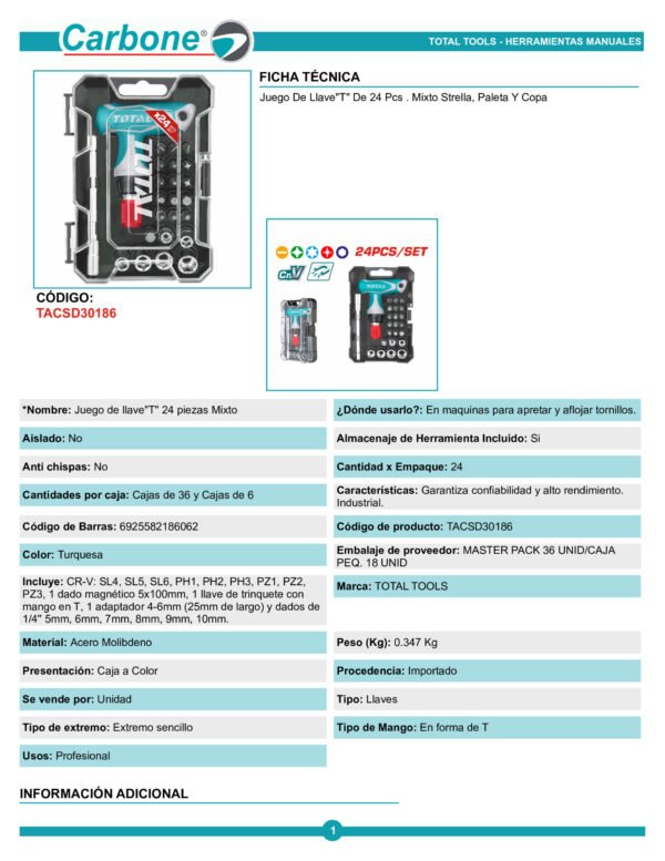 tacsd30186-llave-t-de-24-pcs-mix_001 Kit X 24 Piezas Rachet Llave En T Puntas Y Copas 14 Total