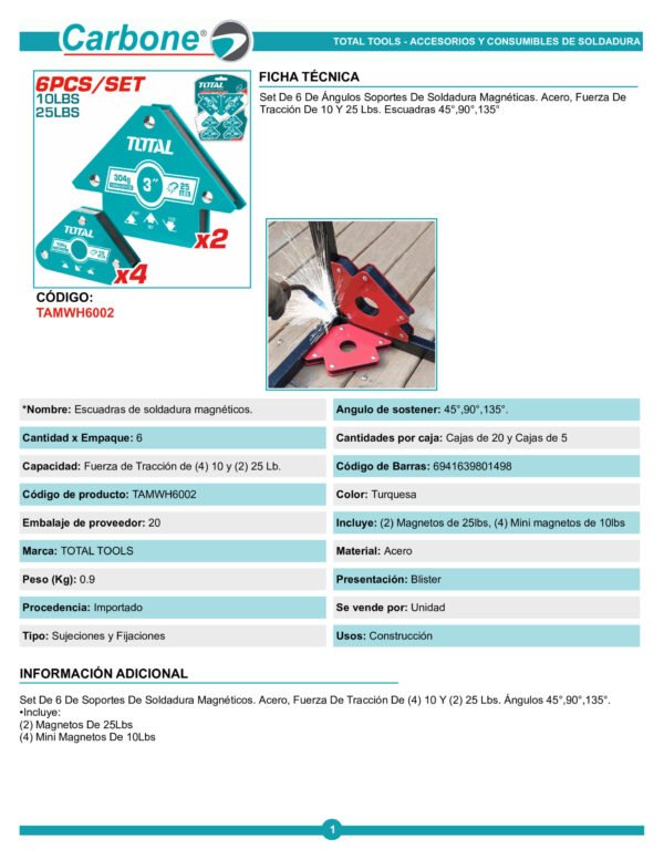 Juego De 6 Escuadras Magneticas Para Soldar, Total