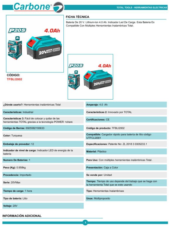 Bateria 20v De Litio 4.0ah (4 Amp) Total Tfbli2002 Original