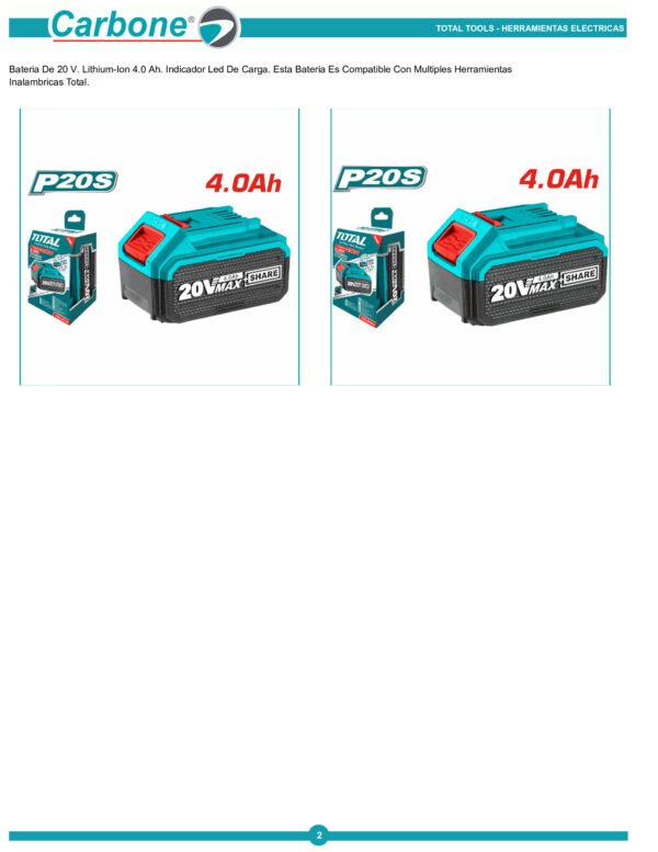 Bateria 20v De Litio 4.0ah (4 Amp) Total Tfbli2002 Original