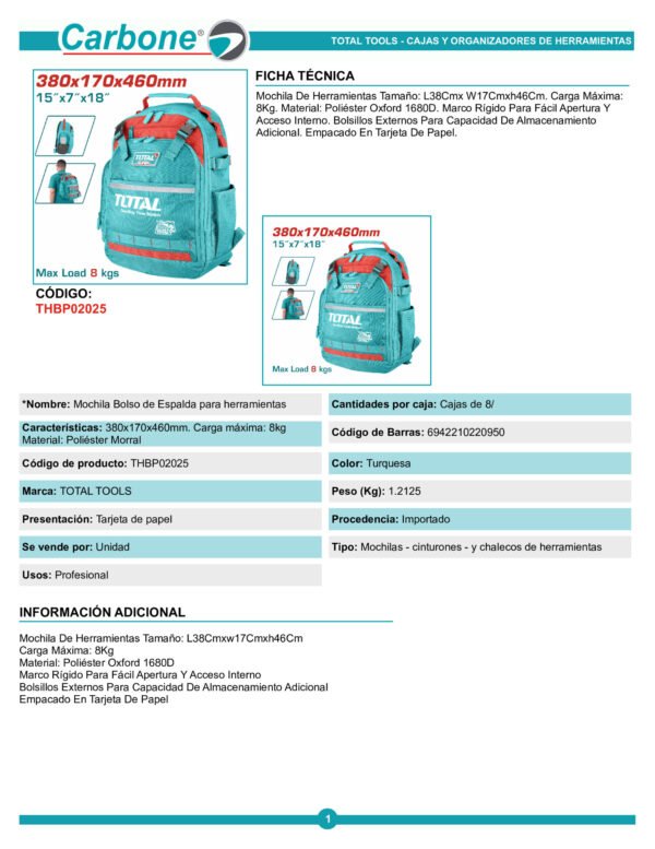 Maleta Espalda 13 Bolsillos Porta Herramientas 8kg Total