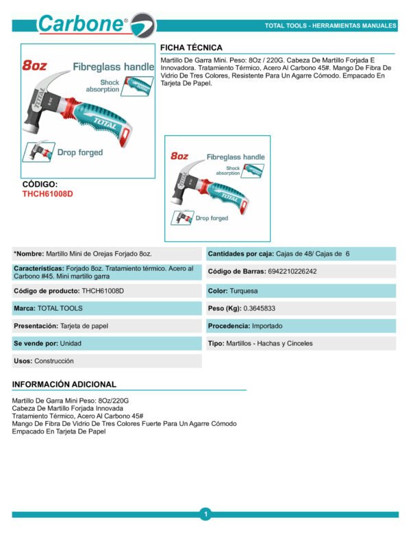 thch61008d-martillo-mini-de-orej_001 Mini Martillo De Uña Forjado 8oz Tratamiento Térmico Imán