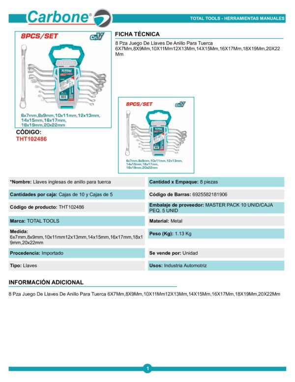 Juego De Llaves Curva Doble Corona 8 Piezas Total Tht102486