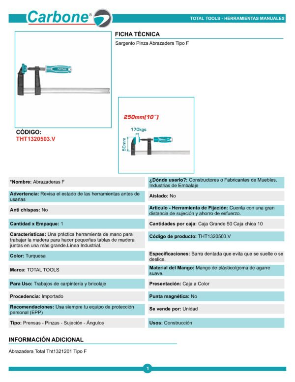 Sargento Total 250mm - 170kg, Tipo F - Industrial