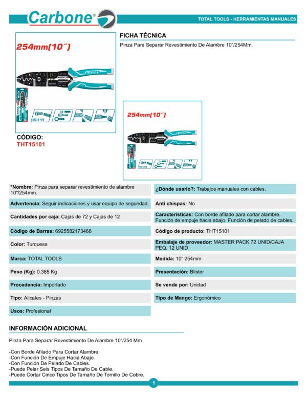 Alicate Pela Cable 10 Industrial Tht15101 Total Tools