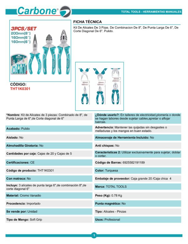 tht1k0301-kit-de-alicates-de-3-p (1)_001 Juego X 3 Alicates 8 Pulgadas Cortafrio Y Pinzas 6 Pulgadas