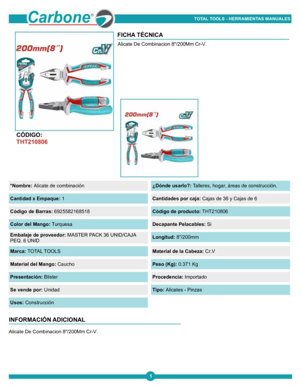 Alicate 8 Electricista Total (20 Cm) Industrial Encauchetad