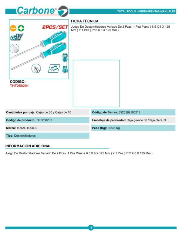 Kit Juego Destornilladores 2 Piezas Imantado Total Tht250201