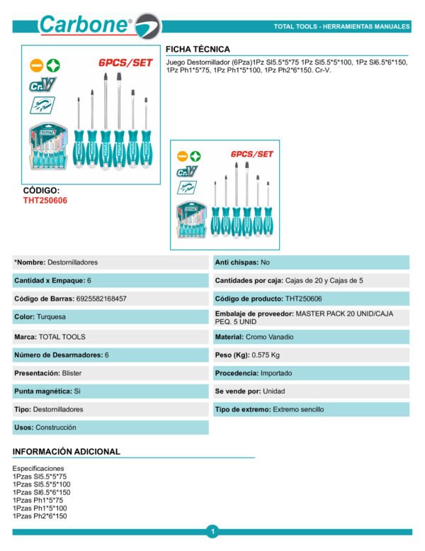 Destornillador Set 6 Piezas Total Tht250606 Linea Profesional