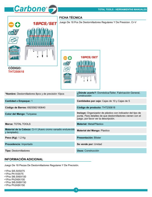 Destornillador Cromo Vanadium Juego X 18 Pzs Total Tht25061