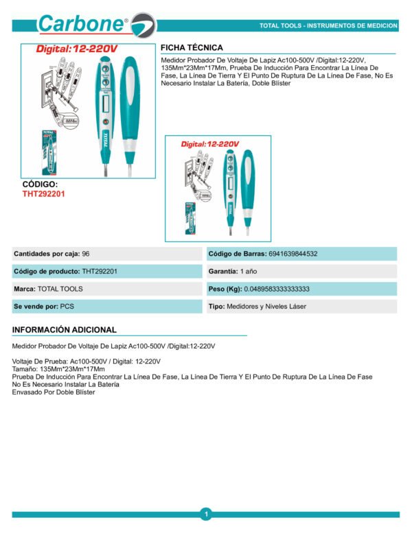 tht292201-medidor-probador-de-vo_001 Probador De Corriente Digital Tester 12-220v Total Tht292201