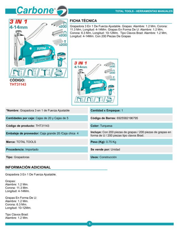 Grapadora Tapiceria 3 En 1 Fuerza Ajustable (4 - 14 Mm) Tota