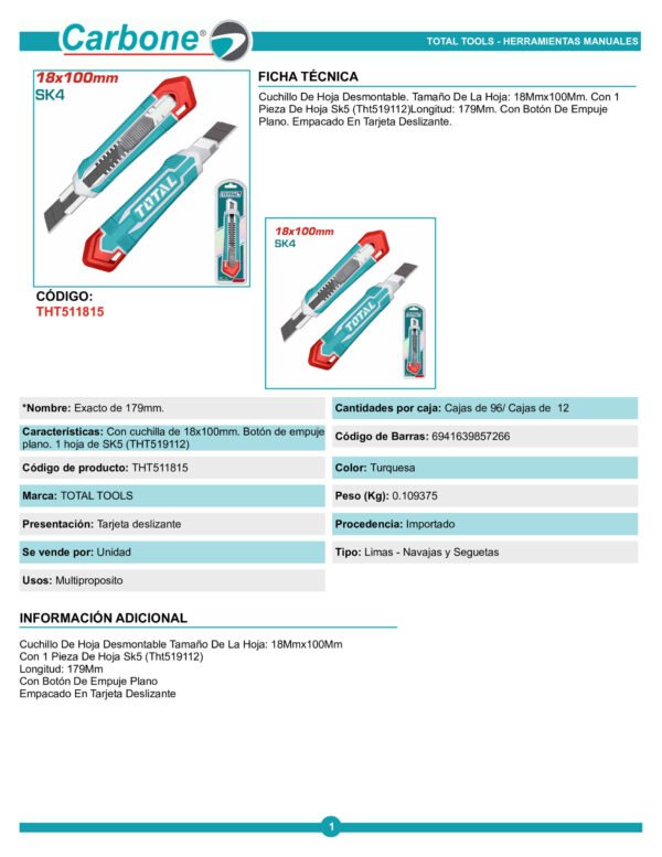 Blíster X10 Hojas Para Cutter 18mm Total, Tht519112