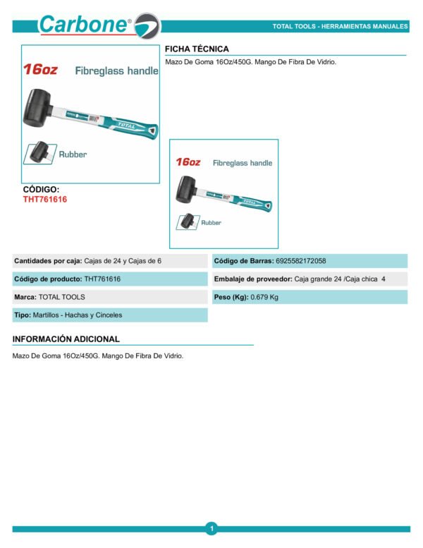 Martillo De Goma 16 Onzas Cabo Fibra Vidrio Tht761616 Total