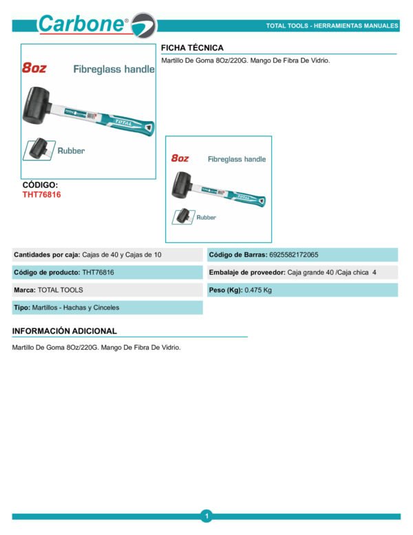 tht76816-martillo-de-goma-8oz-22_001 Martillo Chipote 8oz Mango Fibra Vidrio Total (tht76816)