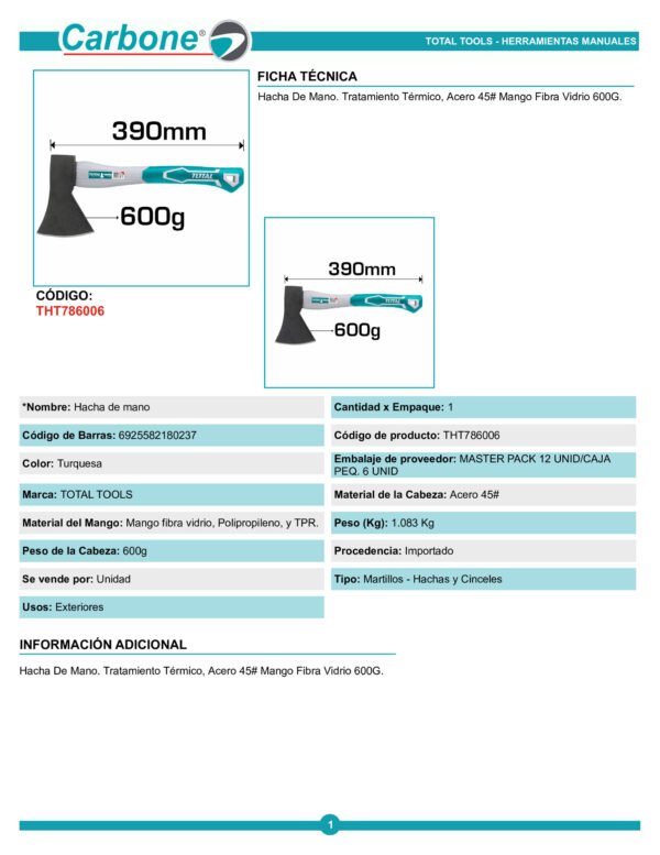 Hacha De Mano Total Resistente 39cm 600g Mango De Fibra