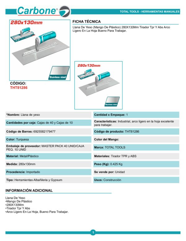tht81286-llana-de-yeso-(mango-de_001 Llana Lisa Mango Plastico 28cm X 13cm Total Tht81286
