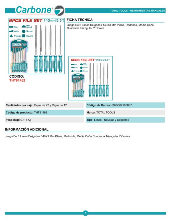 Lima 140 X 3 Mm Juego X 6 Pzs Total (tht91462)