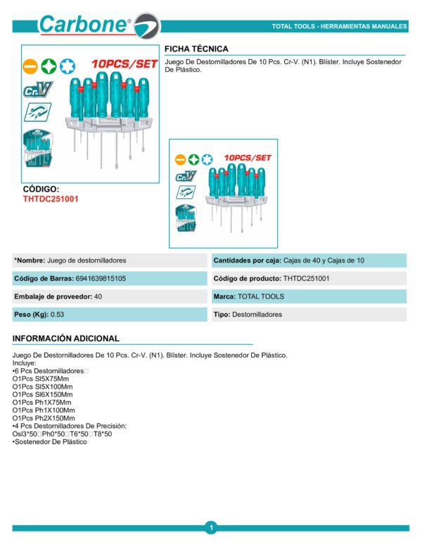 Destornillador Con Punta Plana, Cruz Total 15419 Con Mango Ergonómico De Plástico Pack X 10 Unidades